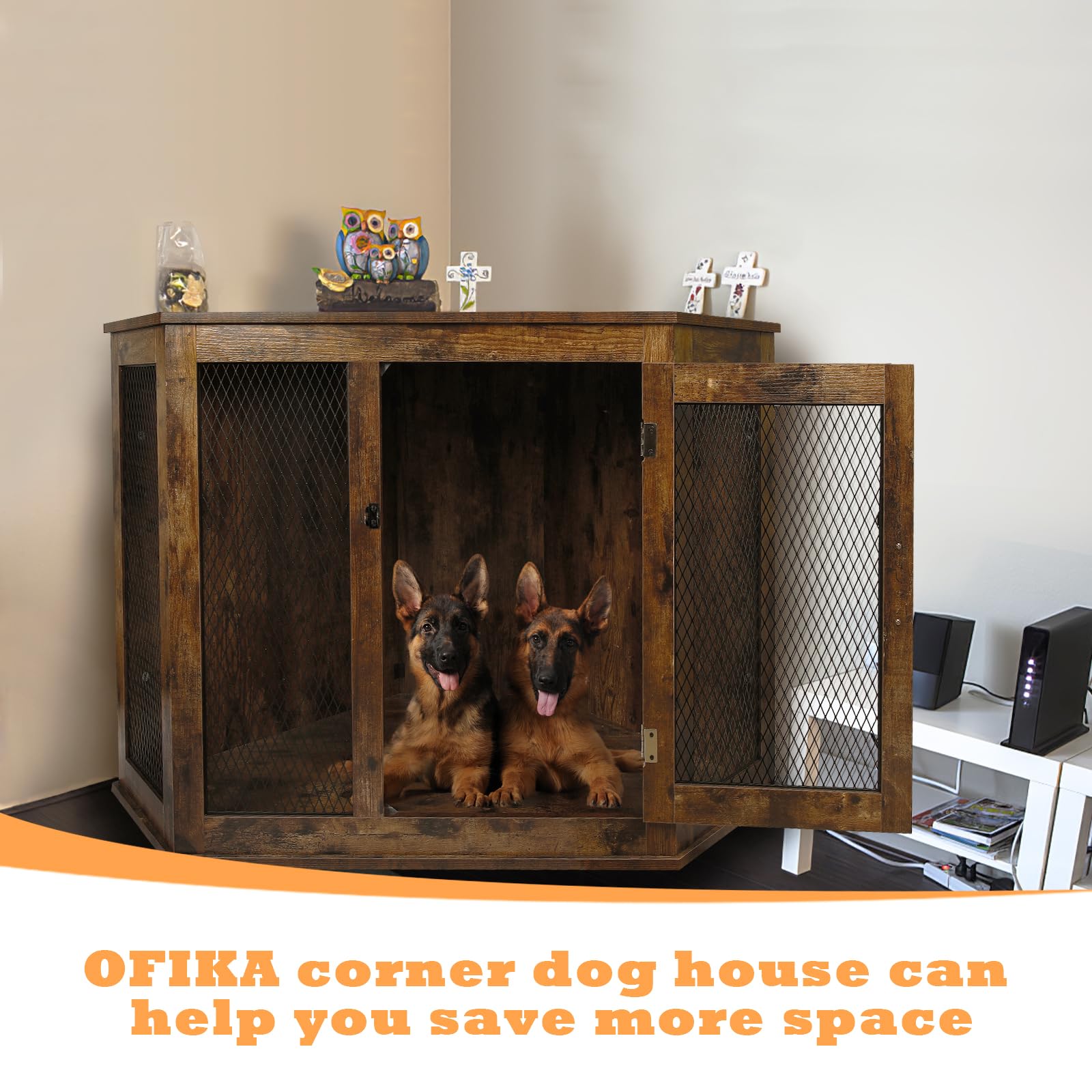 OFIKA Corner Dog Crate Furniture, Wooden Corner Dog Kennel Side End Table with Metal Mesh,Indoor Pet Crates Corner Side Table for Small Medium Large Dogs (Brown, 27.6" D x 52" W x 29.1" H) - WoodArtSupply