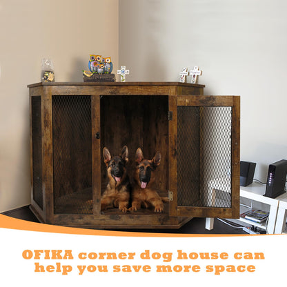 OFIKA Corner Dog Crate Furniture, Wooden Corner Dog Kennel Side End Table with Metal Mesh,Indoor Pet Crates Corner Side Table for Small Medium Large Dogs (Brown, 27.6" D x 52" W x 29.1" H) - WoodArtSupply