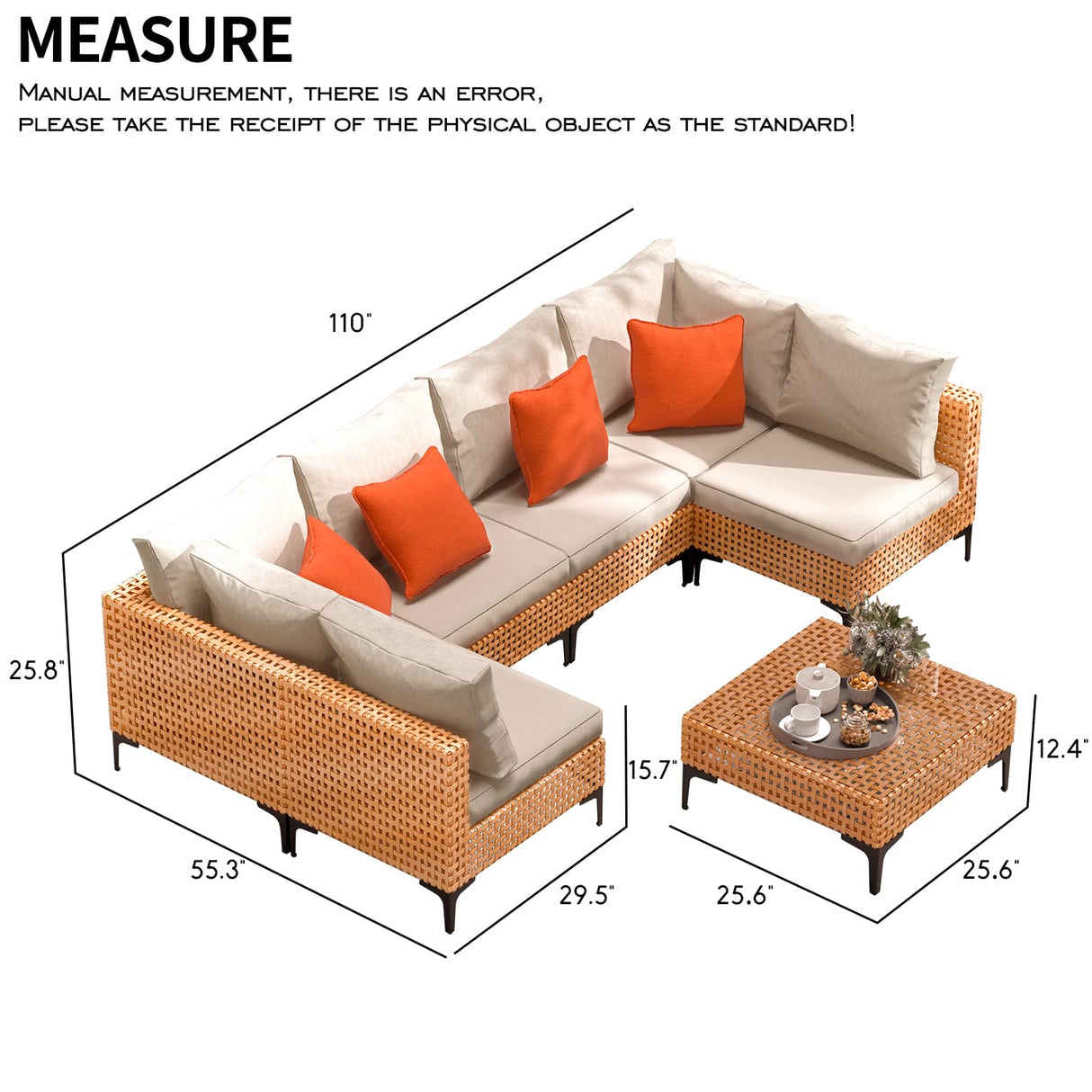ARTBUSKE 7 Piece Outdoor Patio Furniture Set Modular Outdoor Furniture Set Wicker Outdoor Sectional Sofa with Table Patio Set for Balcony Porch Deck Yard (Salmon&Orange Wicker, Sand Cushion) ARTBUSKE