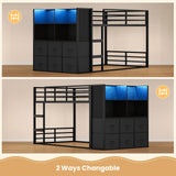 BTHFST Twin Over Twin Bunk Bed with Storage Drawers & Open Storage Shleves with LED Lights, Metal Black Low Bunk Bed Safety Ladder and 13.4" H Guardrail, Space Saving BTHFST