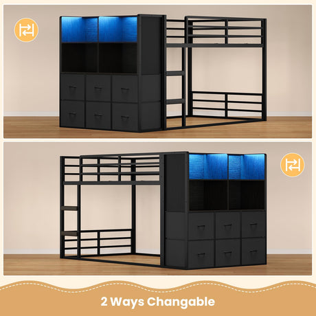 BTHFST Twin Over Twin Bunk Bed with Storage Drawers & Open Storage Shleves with LED Lights, Metal Black Low Bunk Bed Safety Ladder and 13.4" H Guardrail, Space Saving BTHFST
