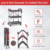 Portable Folding Service Cart, 3-Tier Fold Up Rolling Cart, Collapsible Push Cart with Wheels, 56 Lbs Load Capacity per Shelf Folding Utility Carts for Home/Office/Warehouse - Gery PioneerWorks