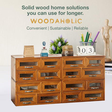 Set of 4 Store and Display Wooden Desktop Organizing Cabinets - Mahogany Wood Display Chest with 4 See-through Drawers Each - 16-Drawer Storage for Work Table, Vanity, Dresser or Kitchen Counter Woodaholic