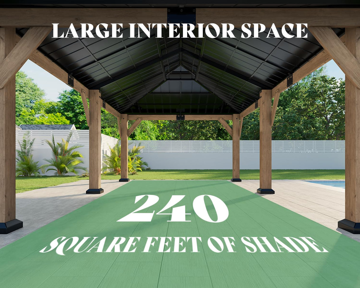 AMERLIFE 12x20 ft Hardtop Gazebo, Spruce Wood Gazebo with Iron Double Roof, Outdoor Pergola with Wood Frame for Garden, Porch, Patio, Charcoal Gray + Brown Gray AMERLIFE