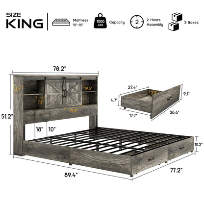 HOWE Rustic Grey King Size Wood Platform Bed with Bookcase Headboard and Barn Door Storage - WoodArtSupply