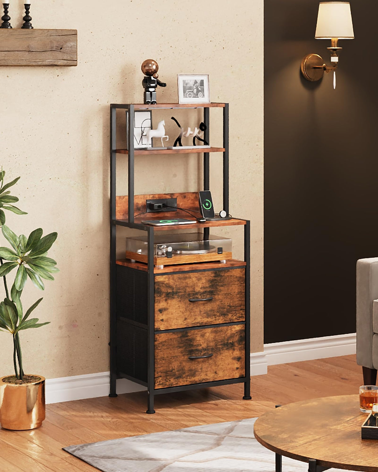 WLIVE Nightstand Set of 2 with Charging Station, LED Night Stand Sets with 2 Drawers and 4 Storage Open Shelves, Fabric Dressers for Bedroom, Rustic Brown WLIVE