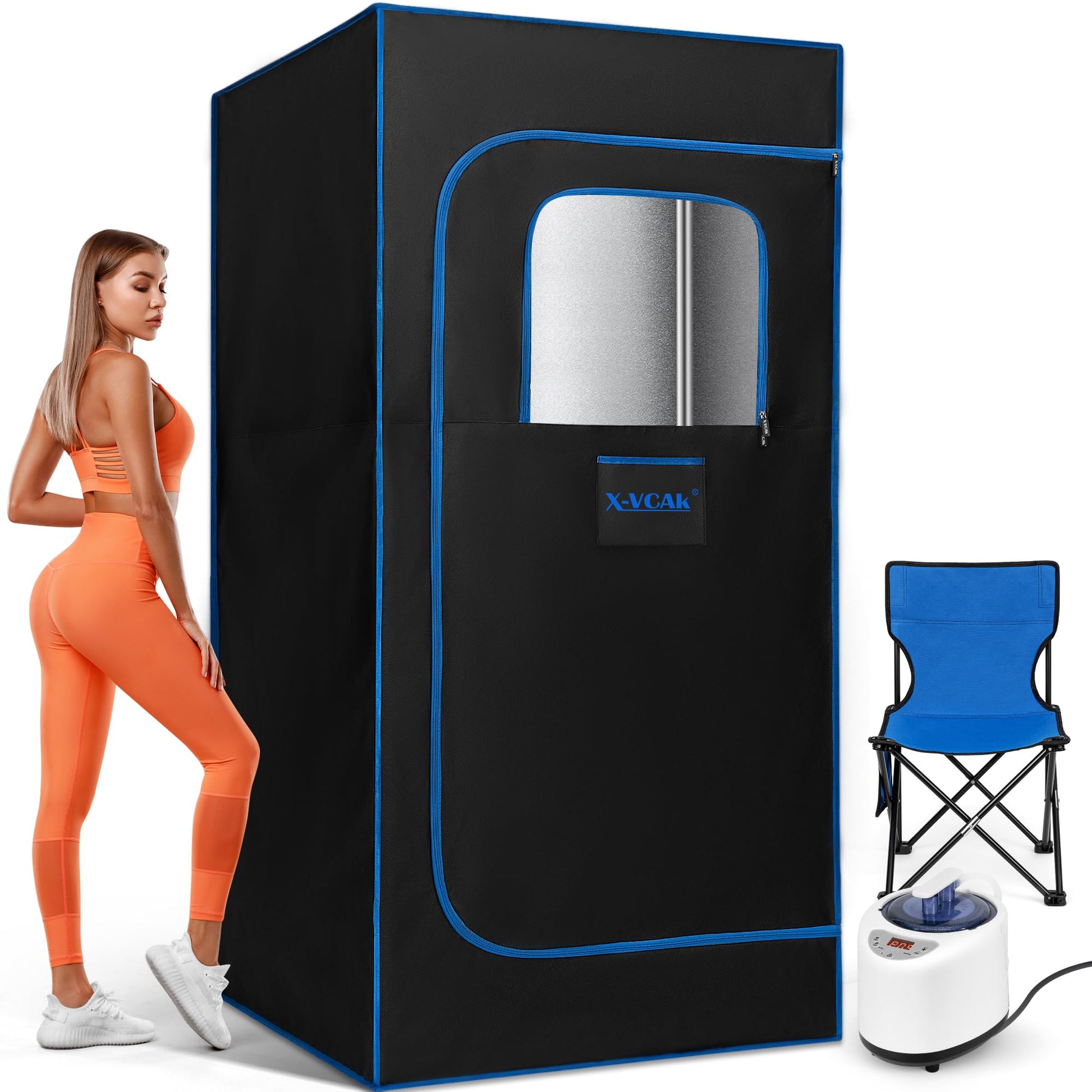 X-Vcak Portable Steam Sauna, Portable Sauna for Home, Sauna Tent Sauna Box with 2.6L Steamer, Remote Control, Folding Chair, 9 Levels, Black with Blue, 2.6’ x 2.6’ x 5.9’ - WoodArtSupply