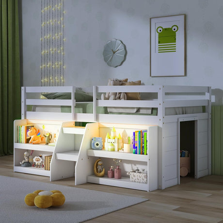 KOMFOTT Low Loft Bed with LED Light & 2 Bookcases, Wood Kids Twin Bed with Under-Bed Play Space, Stairs & Guardrails, No Box Spring Needed, Modern Low Loft Bed Frame, White KOMFOTT