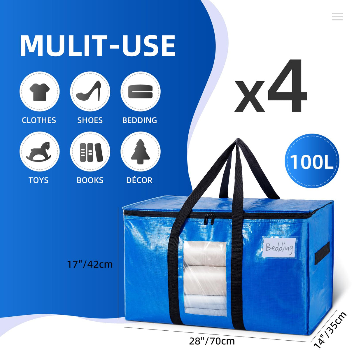 TAILI Extra Large Moving Bags, 4 Pack Blue Heavy Duty Totes For Storage with Visible Window, Wrap Around Handles, Storage Bags for Space Saving, Alternative to Moving Boxes TAILI