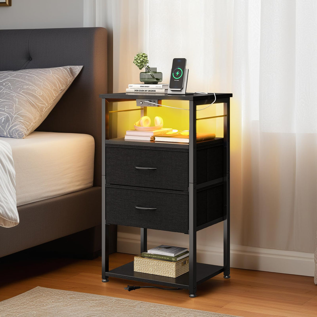 KKL Tall Nightstand with Charging Station and LED Lights, Bedside Table with Fabric Drawers, Open Shelves Storage for Bedroom, Black KKL