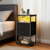 KKL Tall Nightstand with Charging Station and LED Lights, Bedside Table with Fabric Drawers, Open Shelves Storage for Bedroom, Black KKL