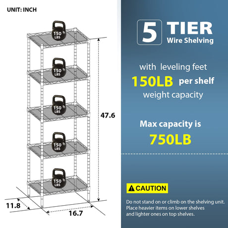Adjustable NSF-Certified Metal Shelf Wire Shelving Unit Storage for Small Places Restaurant Garage Pantry Kitchen Garage Rack (Black, 16.7L×11.8W×47.6H) BestOffice
