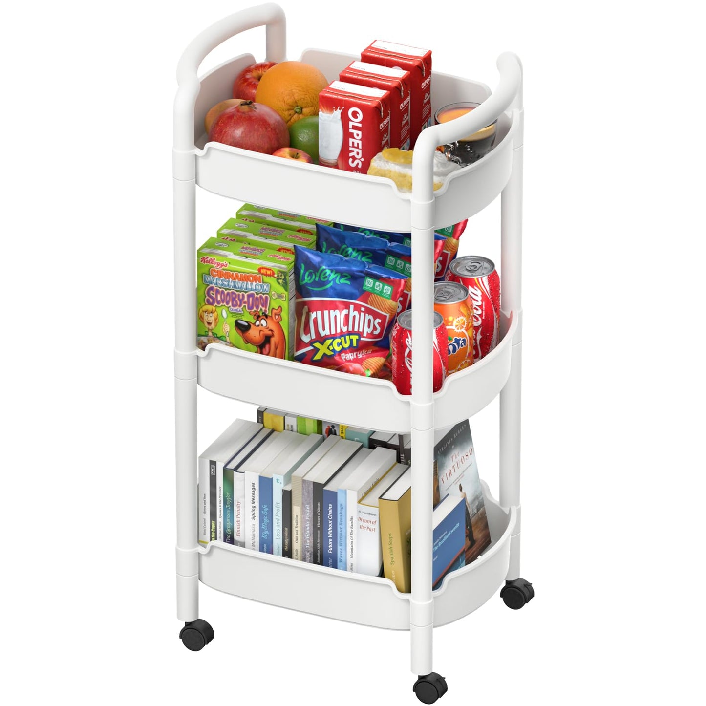 HUXMEYSON 3 Tier Rolling Cart, Multi-Functional Storage Utility Cart, Plastic Rolling Cart with Handle and Lockable Wheels, Versatile Storage Cart for Kitchen, Bathroom, Office, White