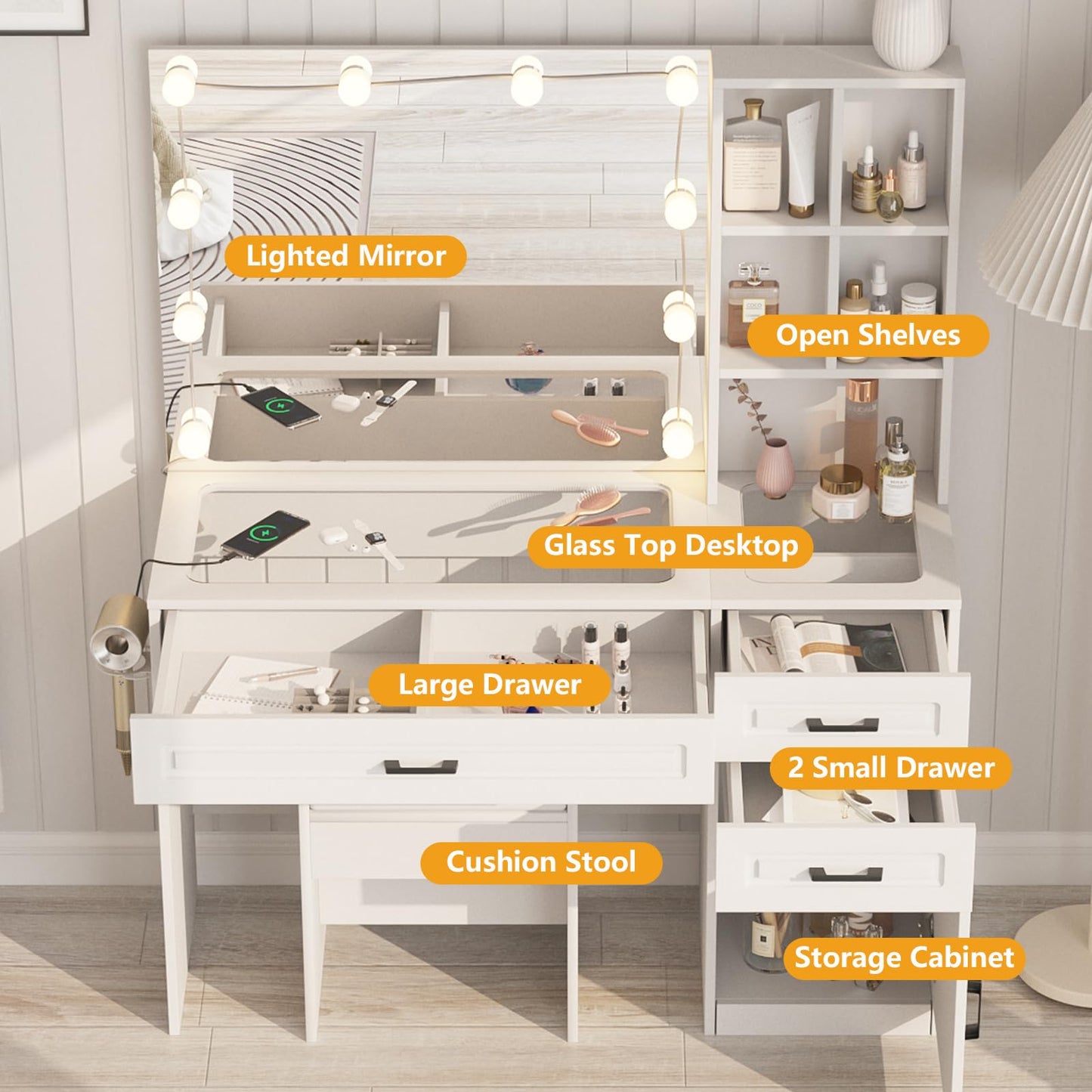 Fameill Vanity Desk with Lighted Mirror & Power Strip,Large Vanity Table with Glass top and Lots Storage,3 Drawer Makeup Desk with Hair Dryer Stand,3 Lighting Modes,White - WoodArtSupply