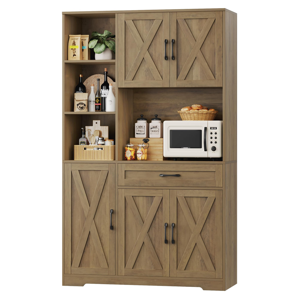 HOSTACK 71" Tall Kitchen Pantry Storage Cabinet, Farmhouse Food Pantry Cabinet with Microwave Stand, Barn Doors Kitchen Hutch Cabinet with Large Drawer and Shelves for Dining Room HOSTACK