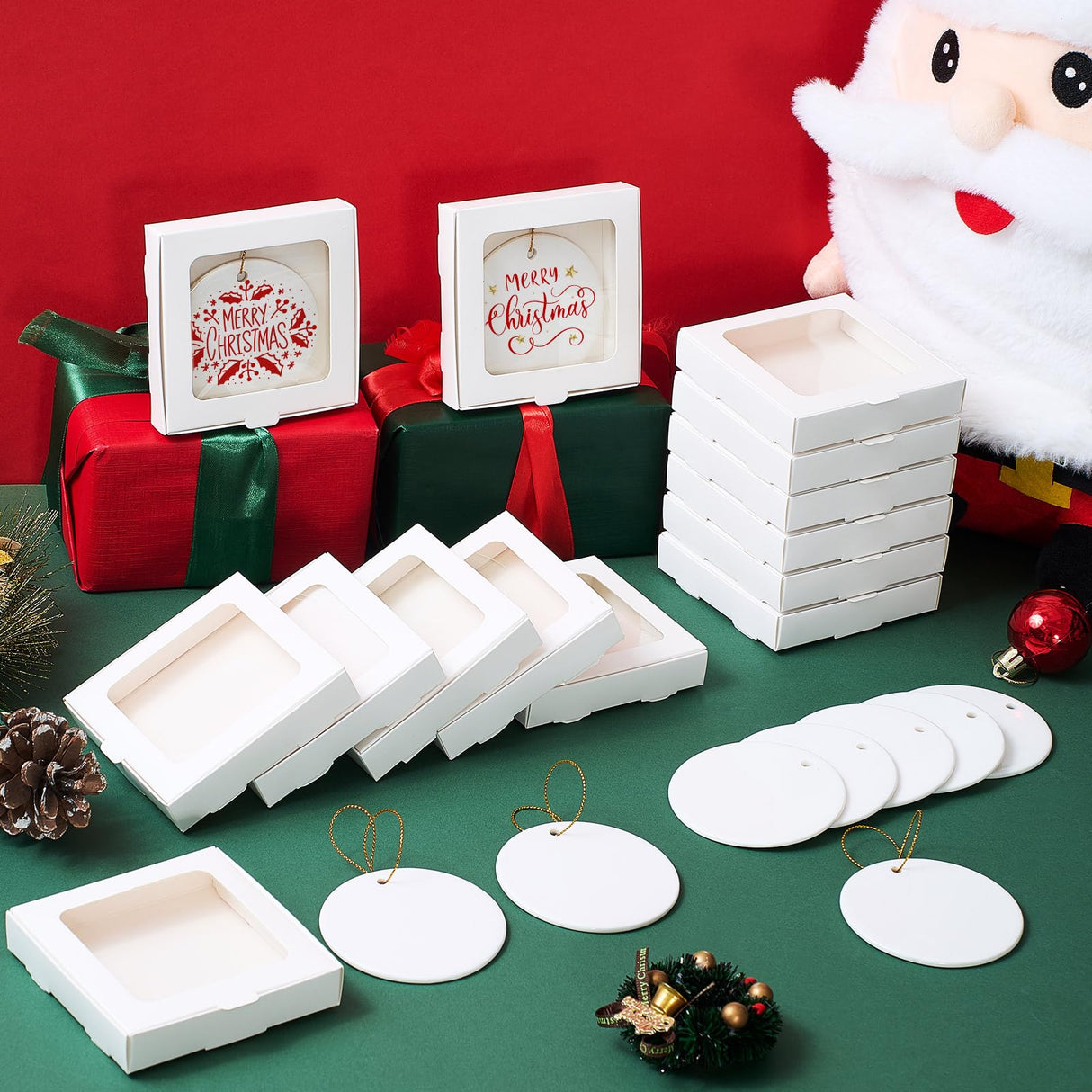 Dunzoom 12 Pcs Sublimation Ceramic Ornament Blanks with 12 Pcs Gift Box 2.9 Christmas Ornaments Ceramic Discs Ornaments Bulk Packaging Box with Window for Personalized Xmas Tree Heat Press Printing Dunzoom