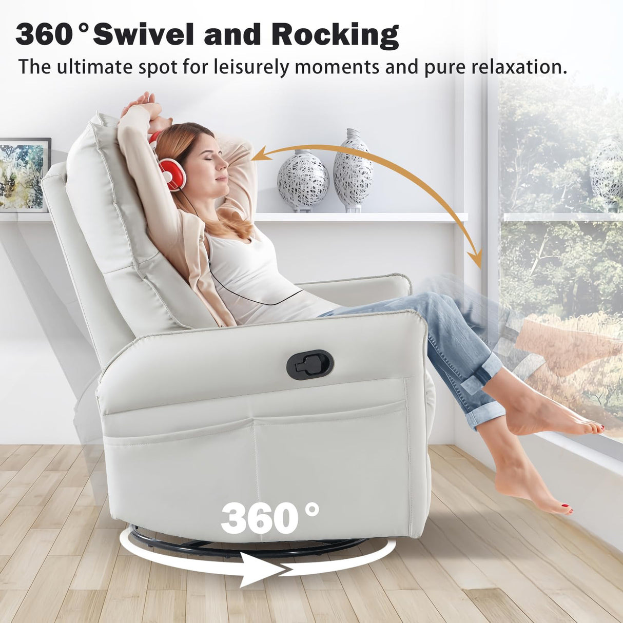 cinehome Swivel Rocker Recliner, Small Rocker Recliner Chairs for Adults, Overstuffed Faux Leather Manual Recliner, Glider Recliner, 360 Swivel Recliner Chair for Living Room cinkehome