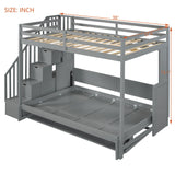 Merax Modern Farmhouse Solid Wood Loft Bed with Murphy Bed Cabinet w/Hydraulic Lift Full Over Full, Wall Bunk Bed with Storage Staircase, Shleves & Desk/Space Saving/Wood Slat Support/Gray Merax