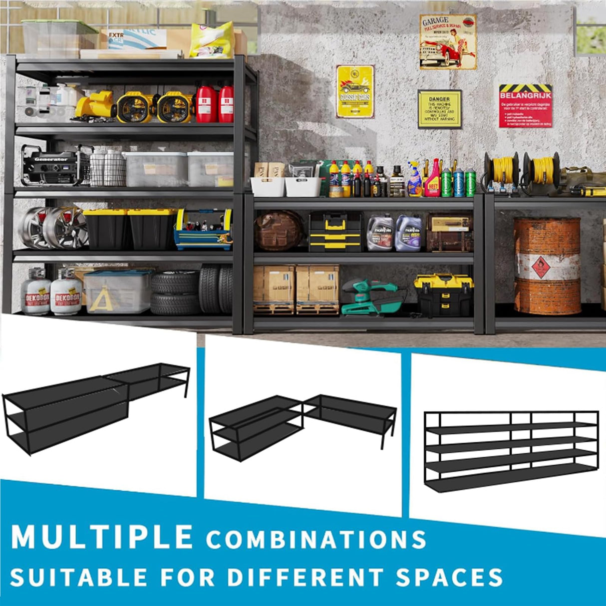 59''W/72''H Garage Shelving Heavy Duty 5-Tier Adjustable Storage Shelves Unit,3000 LBS Metal Utility Rack Shelf for Industries, Warehouses, Basement,Black (72''H x 59''W x 20''D) LBVSKK