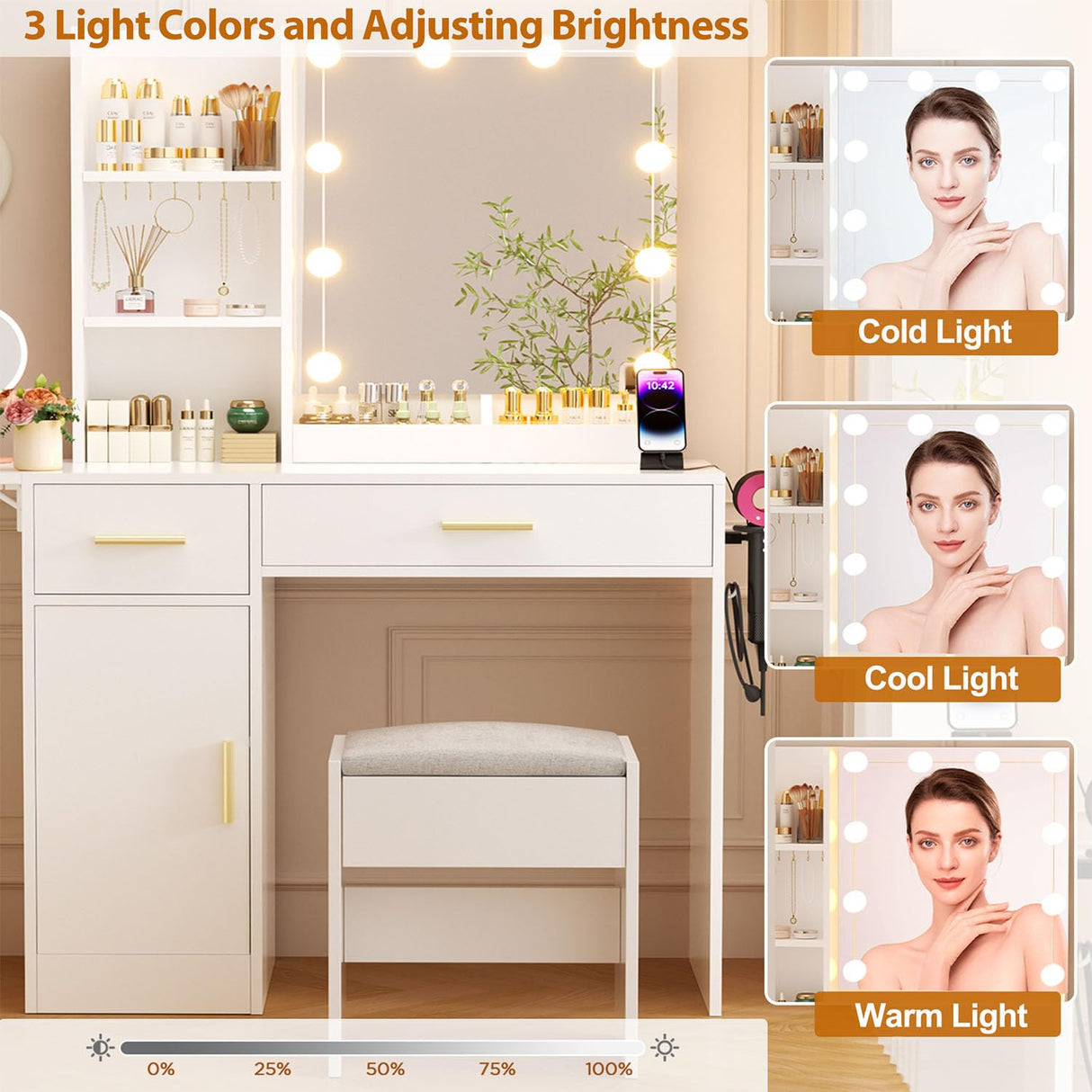 ERLEJIA Vanity Desk with Mirror and Lights & Extral Foldable Desk, 35.43"-43.3" Makeup Vanity Table with Stool and Plug Strip, 5 Drawers and and Open Shelves Dressing Table for Bedroom, White ERLEJIA