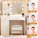ERLEJIA Vanity Desk with Mirror and Lights & Extral Foldable Desk, 35.43"-43.3" Makeup Vanity Table with Stool and Plug Strip, 5 Drawers and and Open Shelves Dressing Table for Bedroom, White ERLEJIA