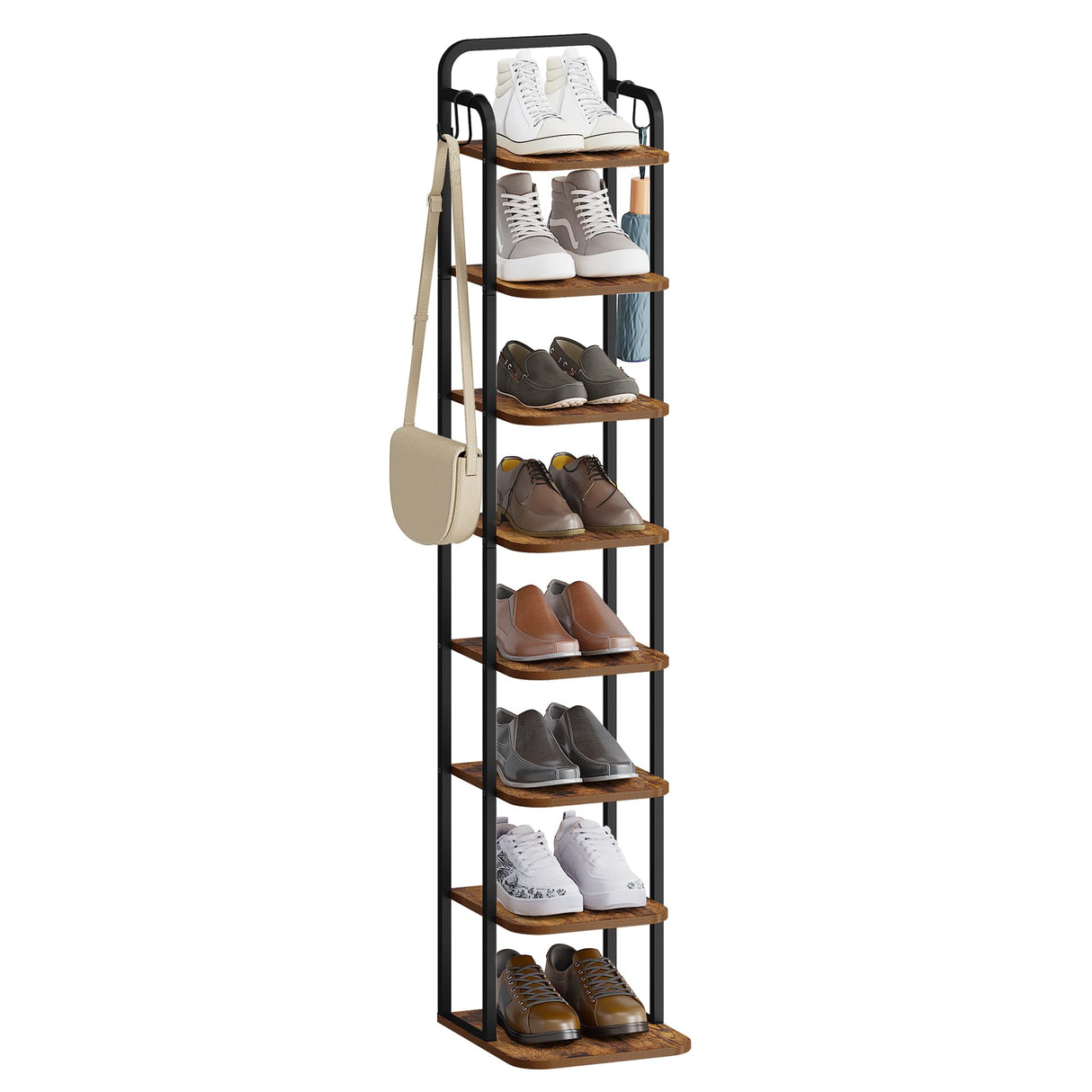 Hzuaneri 8 Tiers Vertical Shoe Rack, Narrow Shoe Tower, Tall Shoes Shelf with 2 Hooks, Adjustable Shelves, Corner Shoes Shelves for Small Spaces, Entryway, Living Room, Rustic Brown SR04301B Hzuaneri