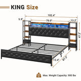 Hasuit King Size Farmhouse Bed Frame with LED Lights, Charging Station, and Bookcase Headboard Hasuit