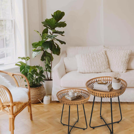 Oakrain Rattan Side Table Nesting Tables Set of 2, Bamboo Round Table Coffee Table Metal Base End Table for Boho Living Room, Sofa, Bedroom, Terrace, Accent Table(20.47inch) Oakrain