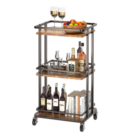 XYZLVSI 3-Tier Rolling Serving Bar Cart, Wood and Metal Kitchen Island Storage Cart with Wheels, Multifunction Utility Cart Storage Rack for Home, Kitchen, Bar, Dinning Room, Living Room (Brown)