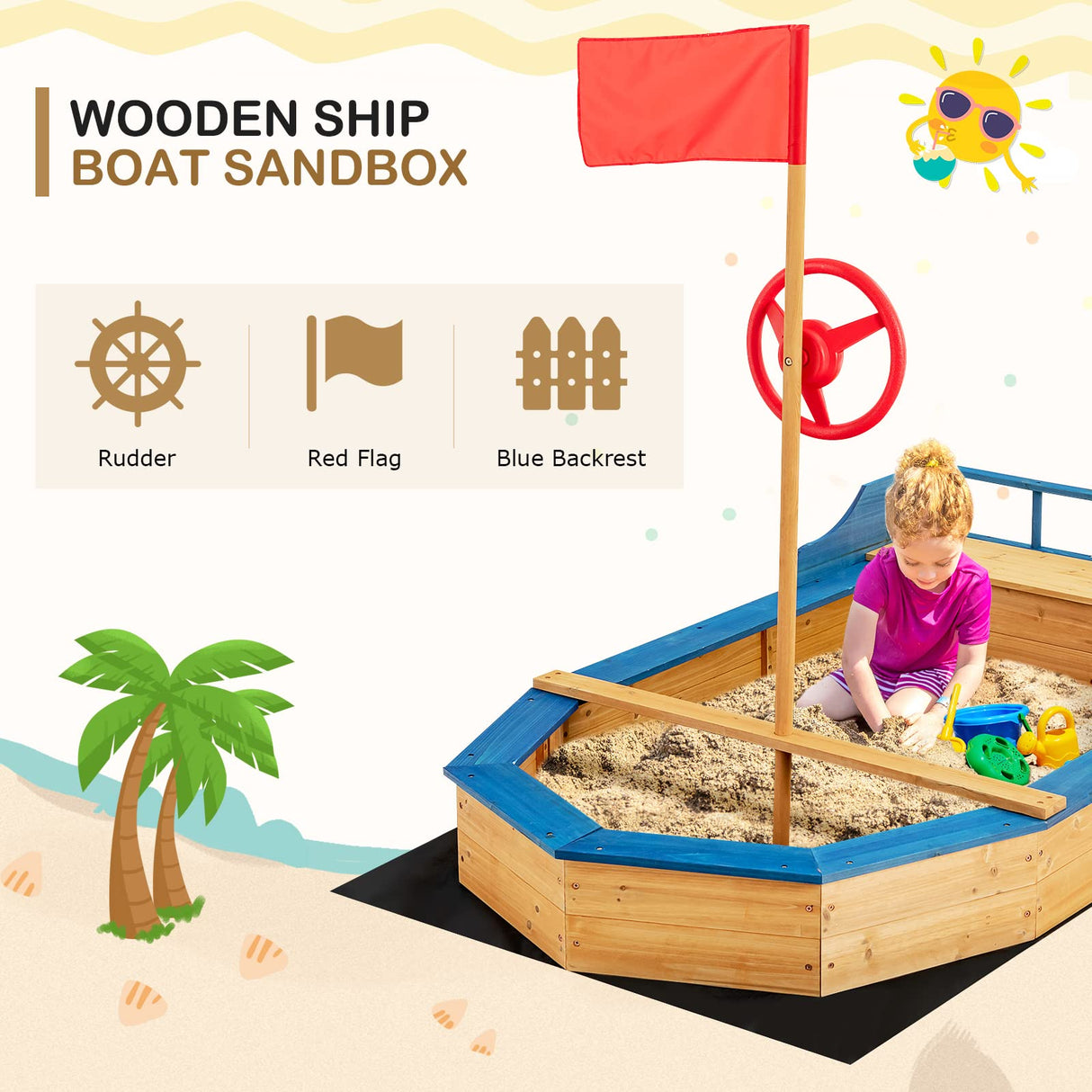 HONEY JOY Pirate Ship Kids Sandbox, Wooden Bottomless Sand Boat with Liner, Sand Pit w/Realistic Flag & Steering Wheel, Storage Bench Seat w/Backrest, Outdoor Sand Boxes for Kids Backyard HONEY JOY