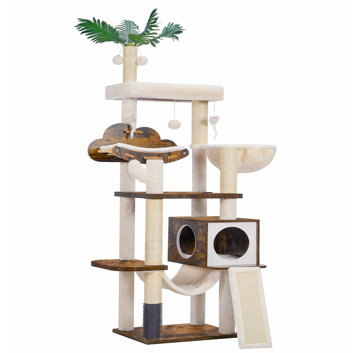 Hebly Wood Cat Tree for Indoor Cats, Cat Condo for Large Cats with Self Groomer,Modern Cat Scratching Tower with Basket,Hammock,Dangling Ball and leaves,Rustic Brown HCT120SR Heybly