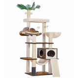 Hebly Wood Cat Tree for Indoor Cats, Cat Condo for Large Cats with Self Groomer,Modern Cat Scratching Tower with Basket,Hammock,Dangling Ball and leaves,Rustic Brown HCT120SR Heybly