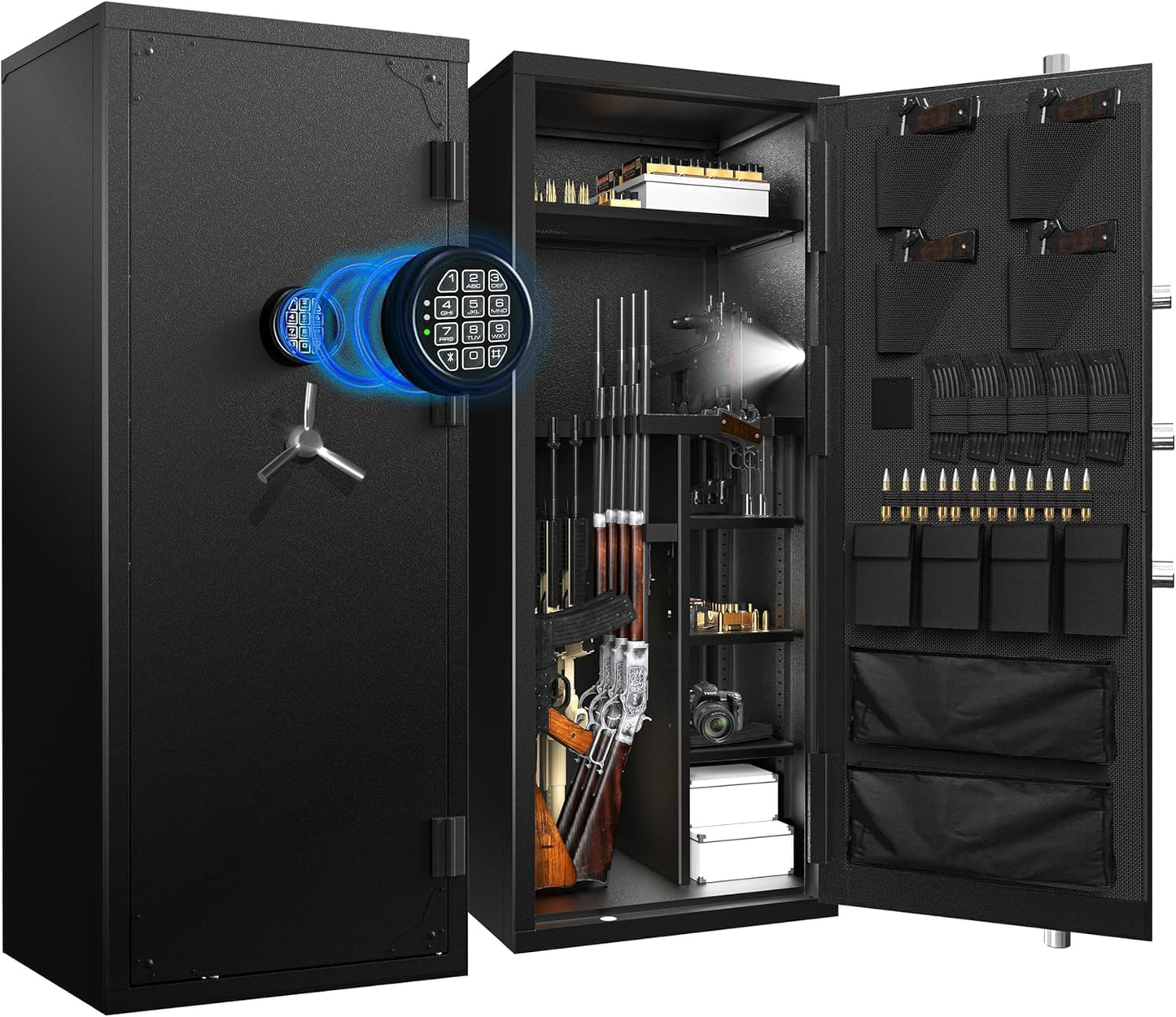 30 Gun Safe, Large Rifle Safe for Rifle and Shotgun/Rifle Pistol Rack/Storage Pocket/Removable Shelf/Silent Mode/External Battery/LED/Key,180° Open Door Panel Organizer Gun Cabinet Safe Unassembled