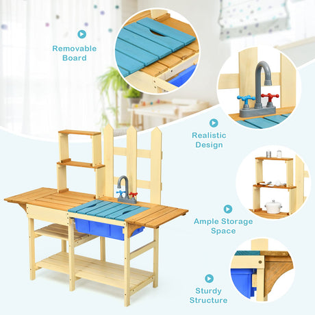 Costzon Wooden Kids Kitchen Playset, Indoor Outdoor Pretend Mud Kitchen Set for Toddler, Play Kitchen Toy w/Simulated Faucet, Shelves, Removable Board, Toy Kitchen Set for Girls & Boys Age 3+ Costzon