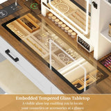 GlasFlength Farmhouse Makeup Vanity with Lighted Mirror,Vanity Desk with Charging Station,Vanity Table with Hidden Jewelry Cabinet,40'' Makeup Table with Glass Tabletop,Stool Included,Vintage White GlasFlength