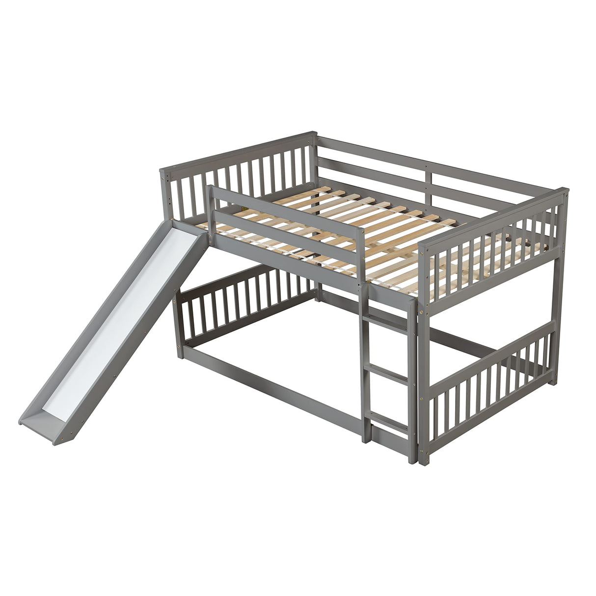 PVWIIK Full Over Full Bunk Bed with Slide & Ladder for Kids Bedroom,Wood Bed Frame with Safety Rails & Headboard and Footboard,No Box Spring Needed,Grey PVWIIK