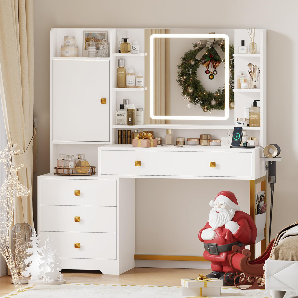 DICTAC Vanity Desk with Mirror and Lights, with Power Outlets, Makeup Vanity Table with 3 Dimmable LED Lights, 4 Drawers and Cabinets Storage, Modern Vanity Desk for Bedroom, White DICTAC