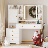 DICTAC Vanity Desk with Mirror and Lights, with Power Outlets, Makeup Vanity Table with 3 Dimmable LED Lights, 4 Drawers and Cabinets Storage, Modern Vanity Desk for Bedroom, White DICTAC