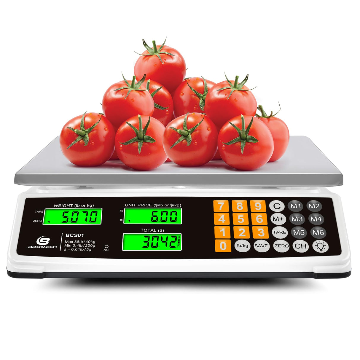 BROMECH Price Computing Scale 88lb/40kg Commercial Food Scale for Produce Meat Weighing, LCD Display and Green Bright Backlight for Farmers Markets, Meat Shop, Deli, （Not for Trade） BROMECH