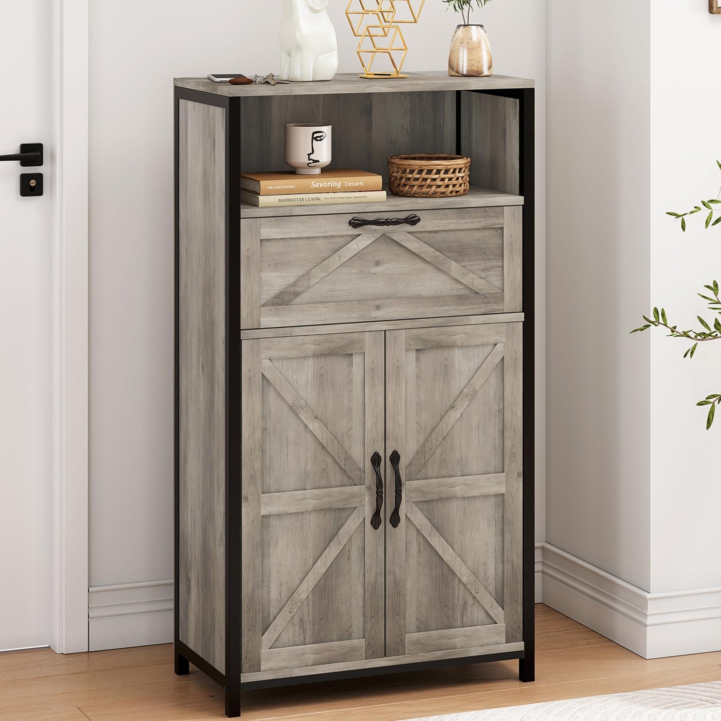 IDEALHOUSE Farmhouse Storage Cabinet, Floor Cabinet with Barn Doors and Drawer, Wood Kitchen Cabinet with Metal Frame, Freestanding Cupboard, for Bathroom, Living Room, Entryway, Grey - WoodArtSupply