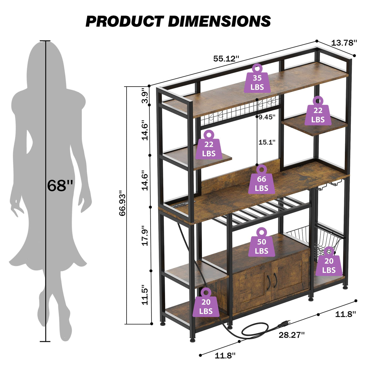 GarveeHome 55" Bakers Rack with Power Outlet and LED Light, 5-Tier Kitchen Microwave Stand Coffee Bar with Storage, 10 Hooks, Wire Basket, Metal Grid, Wine Rack, Goblet Holder, Rustic Brown GarveeHome