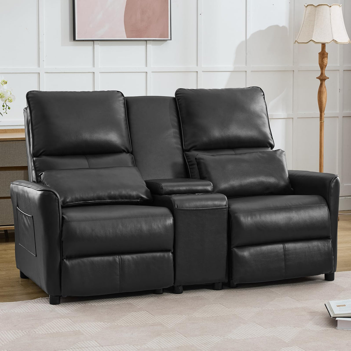 Loveseat Recliner Sofa, Push Back Double Wall Hugger Reclining Sofa Chair with Console, 2 Seat Leather Home Theater Seating with Cup Holder, Manual Comfy RV Furniture Sofa for Living Room, Light Black SENIFIS