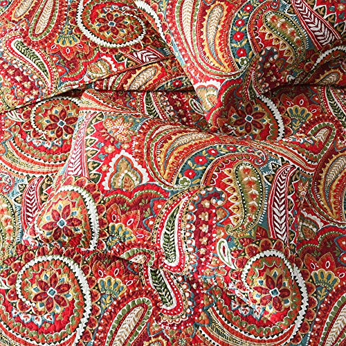 ENASAL Cotton Bedspread Quilt Sets, Reversible Bedding Coverlet Sets Comforter, Floral Paisley Bedspread (Red, King Size) ENASAL