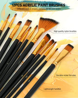 Nicpro 24 Colors Acrylic Paint Set (2 oz, 60 ml) with 12 Brushes, Non Toxic Art Supplies Kit for Rock Painting, Multi Surface Canvas Clay Wood Fabric Craft Ceramic, for Kid & Adult Beginner Nicpro