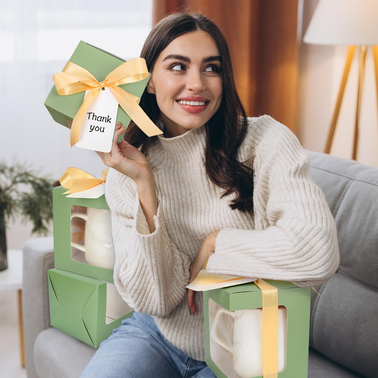 Whaline 24Pcs Sage Green Mug Gift Boxes with Tag Ribbon Sublimation Mug Boxes with Window Paper Gift Packaging Box for Blanks 11oz, 12oz, 15oz Mugs Whaline