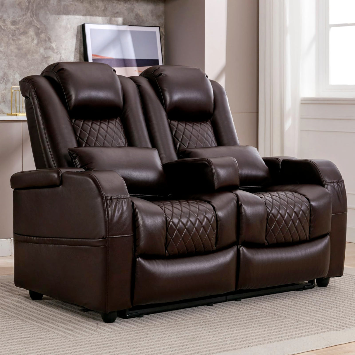 Attliahome 57" RV Loveseat Recliner, Double Recliner Furniture with 3 Arms and 2 Pillows, Wall Hugger Recliners & 135° Reclining Theater Seating (Brown PU Leather RV Couch) Attliahome