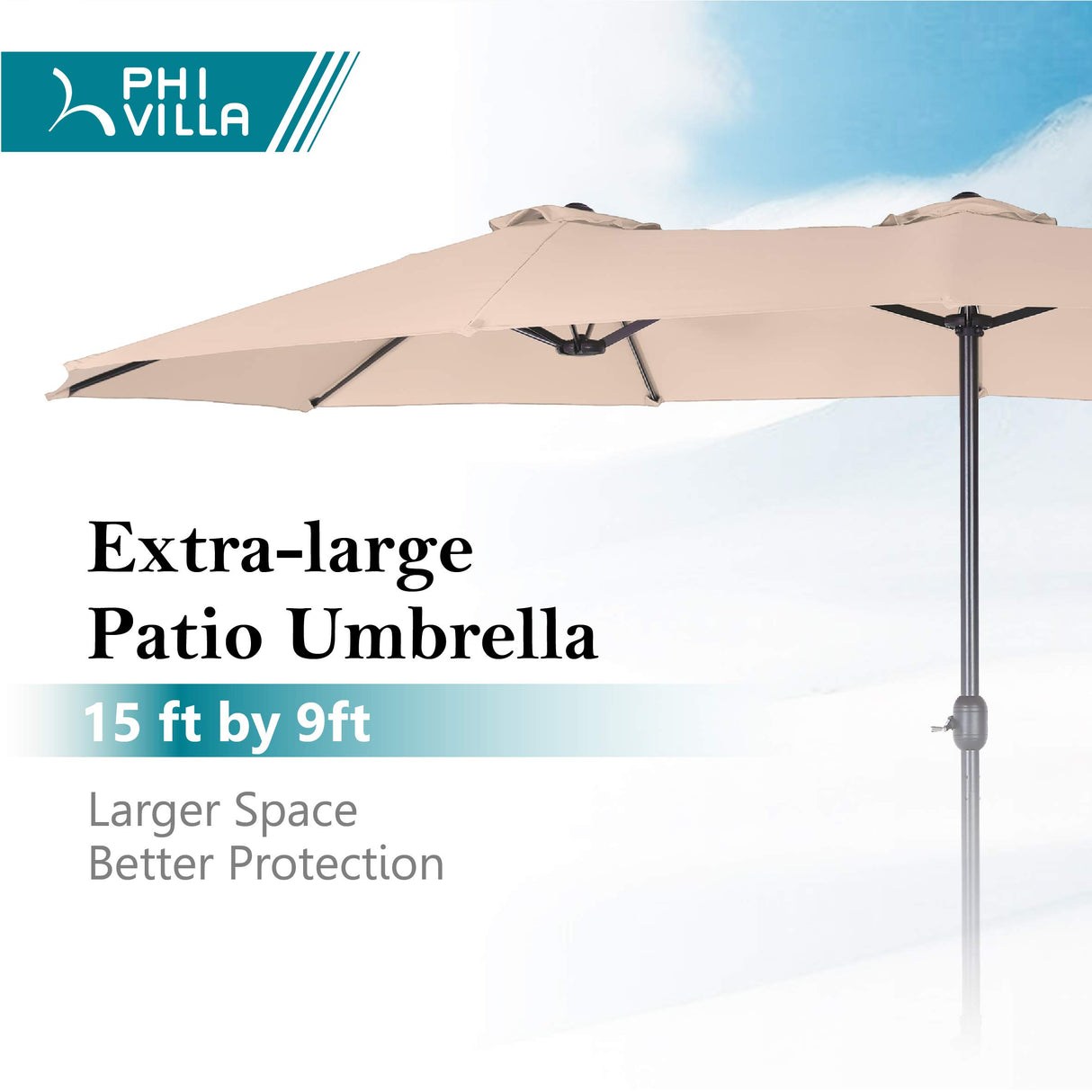 PHI VILLA 15ft Large Patio Umbrella with Base, Double-sided Outdoor Umbrella, Beige PHI VILLA