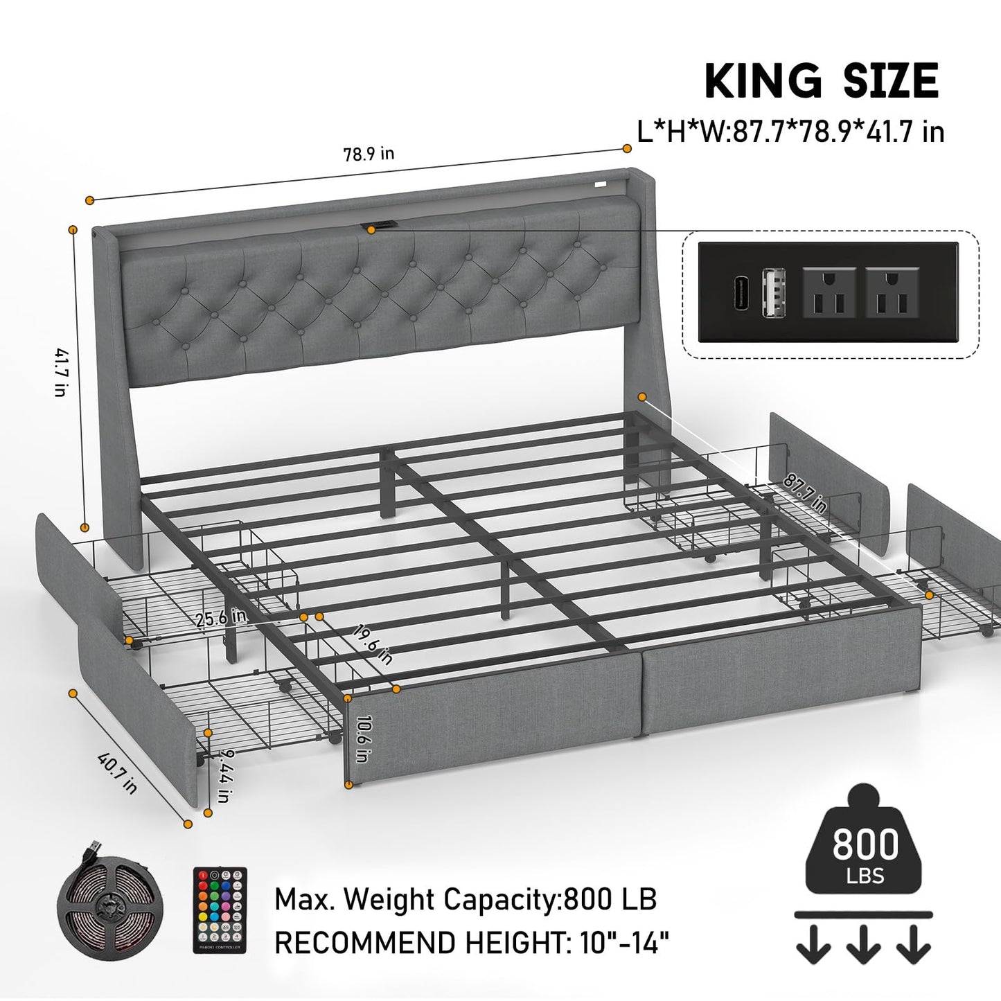 Aanyhave Luxury King Size Bed Frame with Tufted Storage Headboard, LED Lights, and 4 Drawers - WoodArtSupply