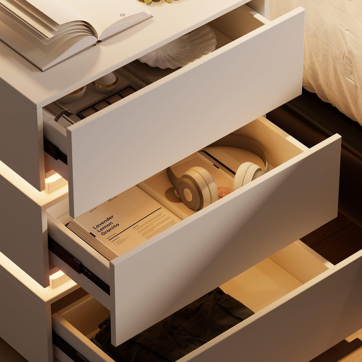 homary Modern Smart Nightstand with Wireless Charging Station, Bedside Table with 3 Drawers, White Night Stand with LED Light homary