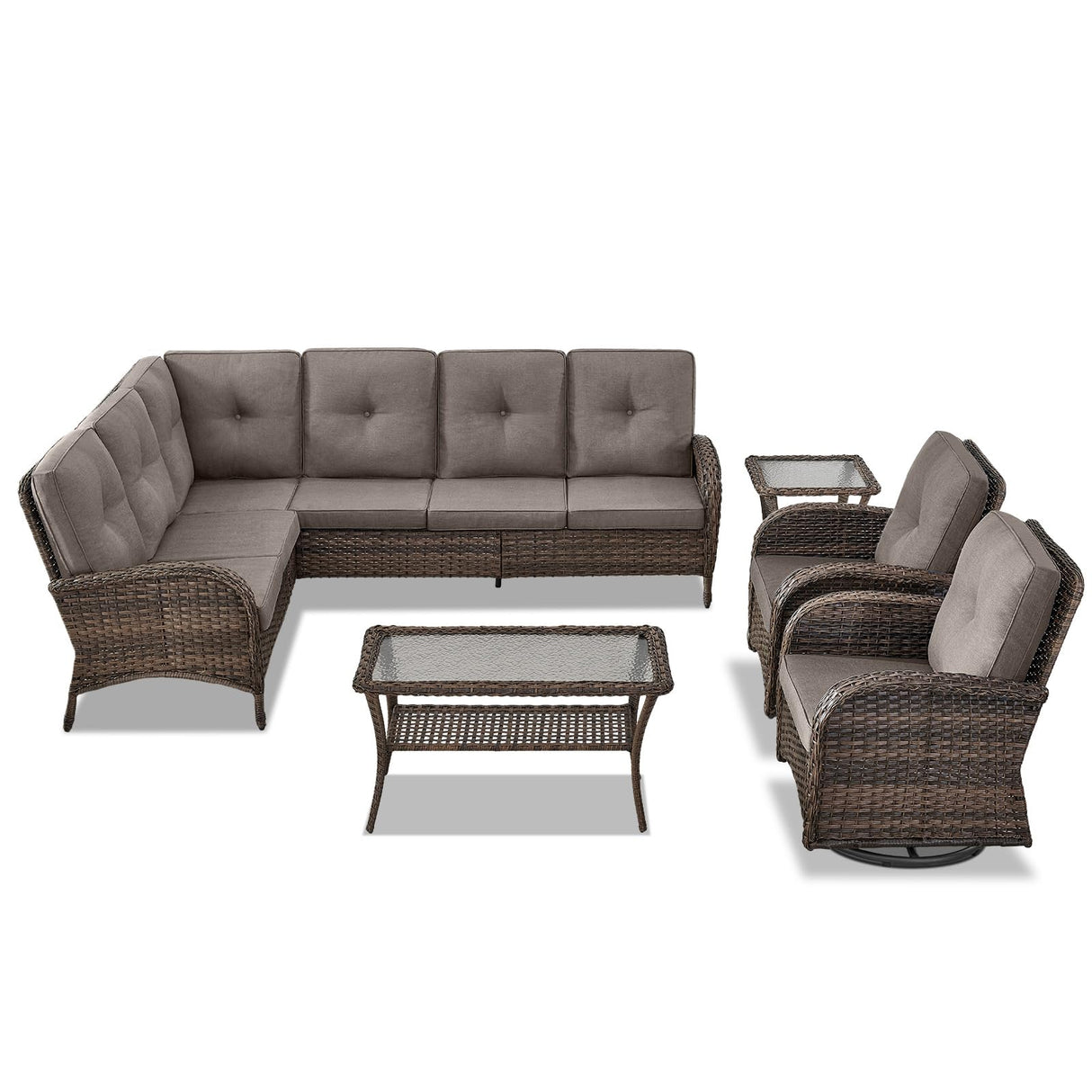 Belord Outdoor Furniture Set - 6 Pieces Patio Conversation Sectional Sofa Set with Swivel Rocker Outdoor Chairs Set of 2 and Wicker Coffee Table for Deck Backyard Sunroom Brown Belord